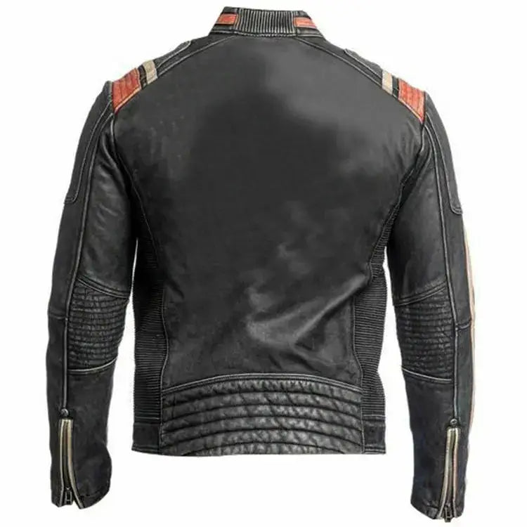 Men's Black & Orange Distressed Leather Cafe Racer Jacket