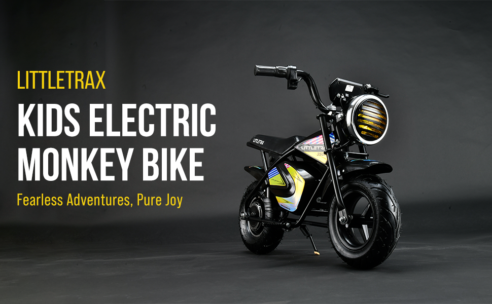 Littletrax 350W Kids Electric Bike – Ages 3 to 12+ ride on mini monkey bike - 3 speed, Bluetooth music, horn, lights, 36v